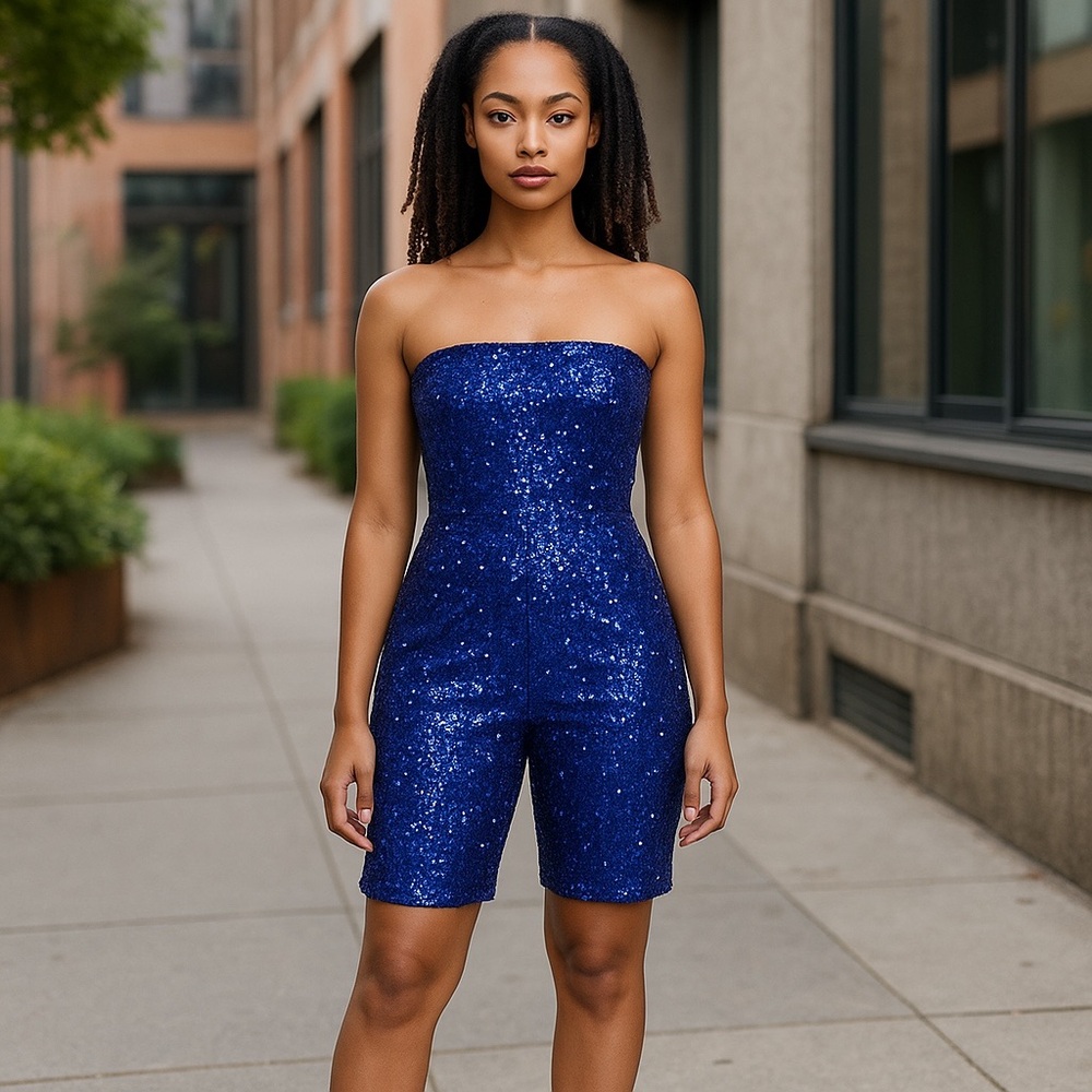 🤑 5/$25 Black Bead Sequins Strapless Blue Shorts Romper